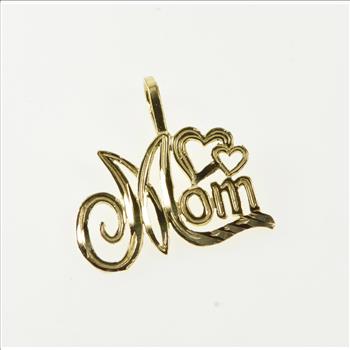 14K Mom Cursive Letter Mother Heart Accent Yellow Gold Charm/Pendant