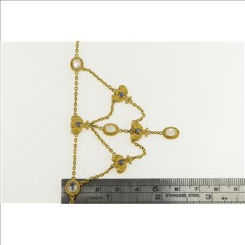 14K Moonstone Sapphire Angel Wings Lavalier Yellow Gold Necklace 16.75