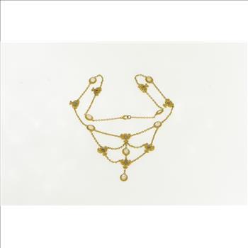 14K Moonstone Sapphire Angel Wings Lavalier Yellow Gold Necklace 16.75