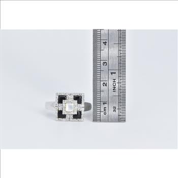 14K Mother of Pearl Onyx Natural Diamond Geometric White Gold Ring, Size 10