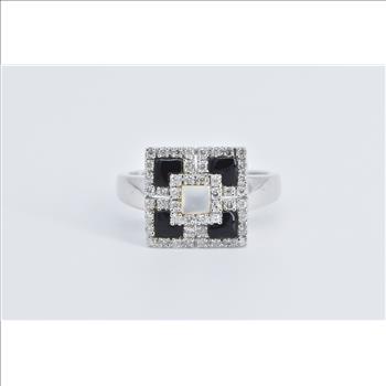 14K Mother of Pearl Onyx Natural Diamond Geometric White Gold Ring, Size 10