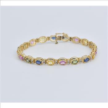 14K Multi Color Sapphire Natural Diamond Tennis Yellow Gold Bracelet 7.25