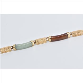 14K Multi Colored Jadeite Curved Bar Greek Wave Yellow Gold Bracelet 7