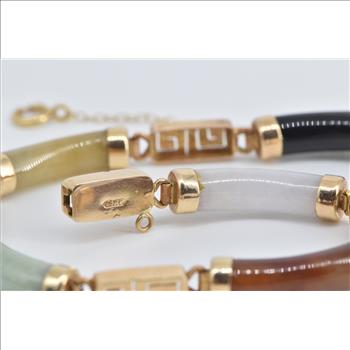 14K Multi Colored Jadeite Curved Bar Greek Wave Yellow Gold Bracelet 7