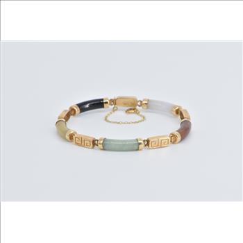 14K Multi Colored Jadeite Curved Bar Greek Wave Yellow Gold Bracelet 7
