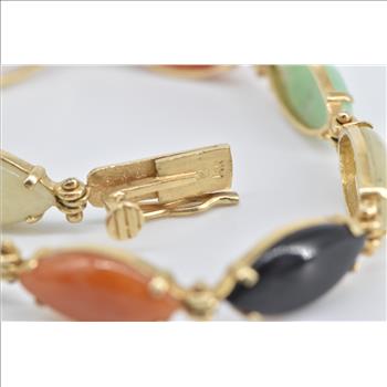 14K Multi Colored Jadeite Marquise Vintage Yellow Gold Bracelet 7