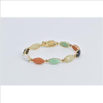14K Multi Colored Jadeite Marquise Vintage Yellow Gold Bracelet 7