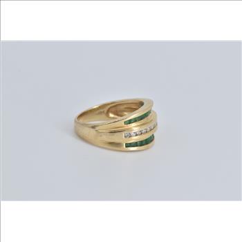 14K Natural Diamond Emerald Striped Contour Yellow Gold Ring, Size 6.75