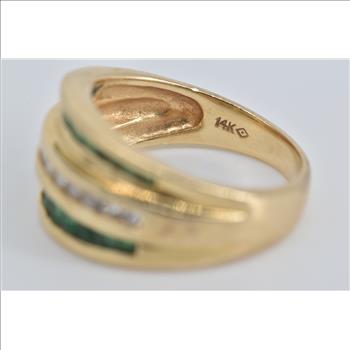 14K Natural Diamond Emerald Striped Contour Yellow Gold Ring, Size 6.75