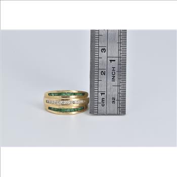 14K Natural Diamond Emerald Striped Contour Yellow Gold Ring, Size 6.75