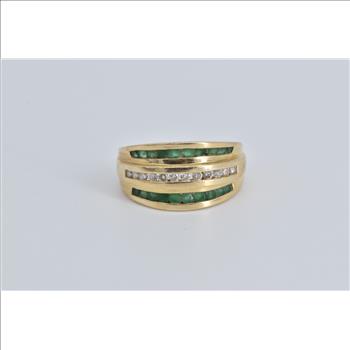 14K Natural Diamond Emerald Striped Contour Yellow Gold Ring, Size 6.75