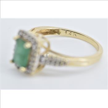 14K Natural Emerald Diamond Halo Engagement Yellow Gold Ring, Size 5.75