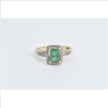 14K Natural Emerald Diamond Halo Engagement Yellow Gold Ring, Size 5.75