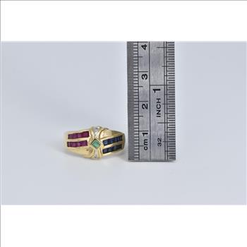 14K Natural Emerald Diamond Ruby Sapphire Fashion Yellow Gold Ring, Size 9.75