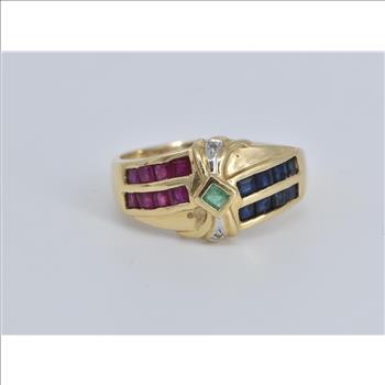 14K Natural Emerald Diamond Ruby Sapphire Fashion Yellow Gold Ring, Size 9.75