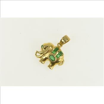 14K Natural Emerald Elephant Strength Symbol Yellow Gold Pendant