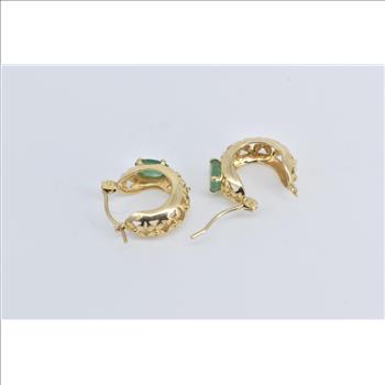 14K Natural Emerald Ornate Floral 14mm Hoop Yellow Gold Earrings