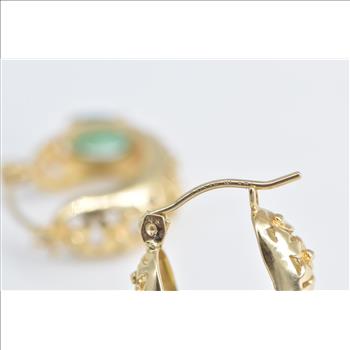 14K Natural Emerald Ornate Floral 14mm Hoop Yellow Gold Earrings