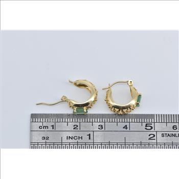 14K Natural Emerald Ornate Floral 14mm Hoop Yellow Gold Earrings
