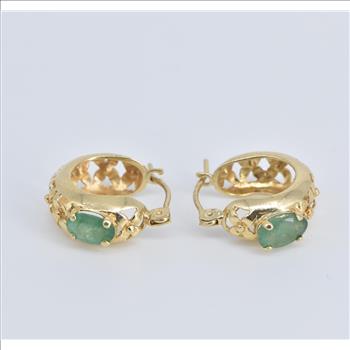 14K Natural Emerald Ornate Floral 14mm Hoop Yellow Gold Earrings