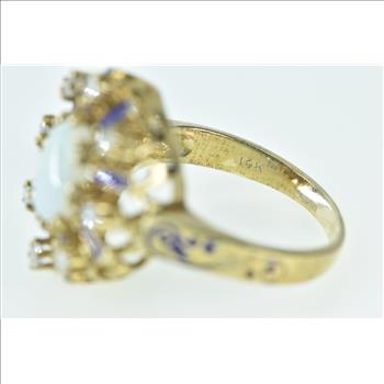 14K Natural Opal Diamond Halo Enamel Cocktail Yellow Gold Ring, Size 6.25