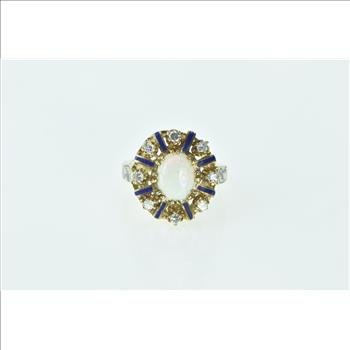 14K Natural Opal Diamond Halo Enamel Cocktail Yellow Gold Ring, Size 6.25