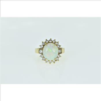 14K Natural Opal Diamond Halo Statement Yellow Gold Ring, Size 8