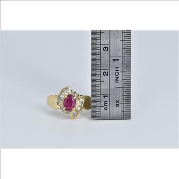 14K Natural Ruby Natural Diamond Baguette Bypass Yellow Gold Ring, Size 6.75