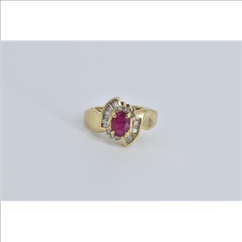 14K Natural Ruby Natural Diamond Baguette Bypass Yellow Gold Ring, Size 6.75