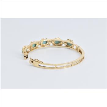14K Natural Turquoise Diamond Floral Bangle Yellow Gold Bracelet 6.75