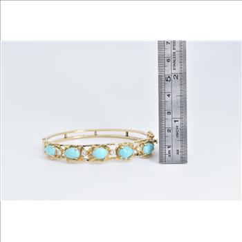 14K Natural Turquoise Diamond Floral Bangle Yellow Gold Bracelet 6.75