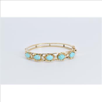 14K Natural Turquoise Diamond Floral Bangle Yellow Gold Bracelet 6.75