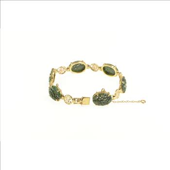 14K Nephrite Floral Carved Stone Chinese Yellow Gold Bracelet 7