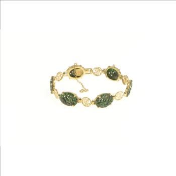14K Nephrite Floral Carved Stone Chinese Yellow Gold Bracelet 7