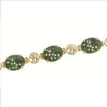 14K Nephrite Floral Carved Stone Chinese Yellow Gold Bracelet 7