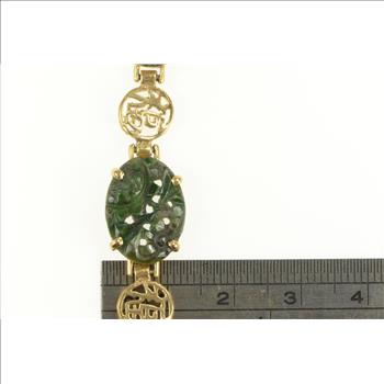 14K Nephrite Floral Carved Stone Chinese Yellow Gold Bracelet 7