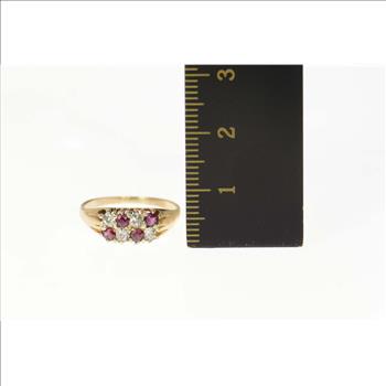14K Old Mine Cut Natural Ruby & Diamond Classic Yellow Gold Ring, Size 5