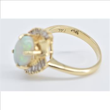 14K Opal Baguette Diamond Fanned Halo Swirl Yellow Gold Ring, Size 7.75
