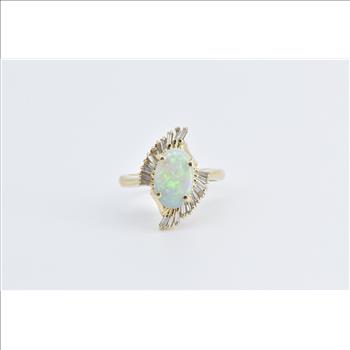 14K Opal Baguette Diamond Fanned Halo Swirl Yellow Gold Ring, Size 7.75