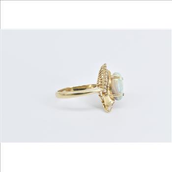 14K Opal Baguette Diamond Fanned Halo Swirl Yellow Gold Ring, Size 7.75