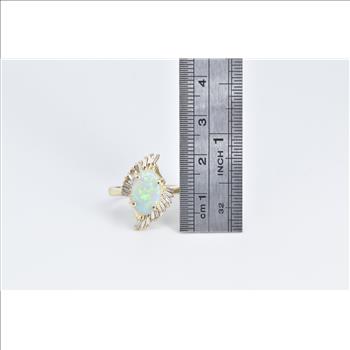 14K Opal Baguette Diamond Fanned Halo Swirl Yellow Gold Ring, Size 7.75