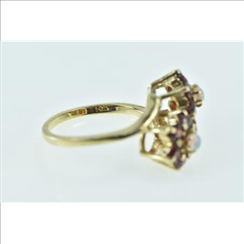 14K Opal Ruby Halo Flower Cluster Bypass Yellow Gold Ring, Size 6