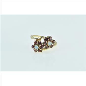 14K Opal Ruby Halo Flower Cluster Bypass Yellow Gold Ring, Size 6