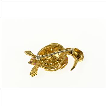 14K Ornate 1960's Syn. Ruby Bird Heron Yellow Gold Pin/Brooch