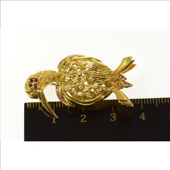 14K Ornate 1960's Syn. Ruby Bird Heron Yellow Gold Pin/Brooch