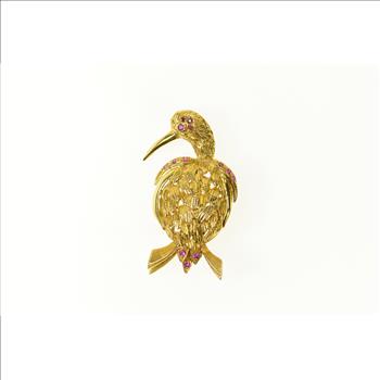 14K Ornate 1960's Syn. Ruby Bird Heron Yellow Gold Pin/Brooch