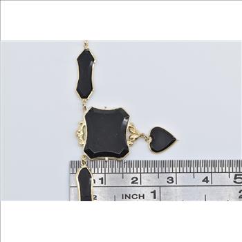 14K Ornate Black Onyx Drop Heart Mourning Yellow Gold Necklace 18