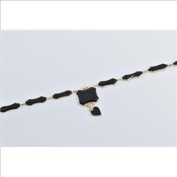 14K Ornate Black Onyx Drop Heart Mourning Yellow Gold Necklace 18