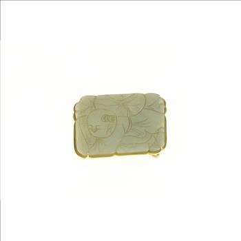 14K Ornate Carved Chinese Jade Gardener Belt Buckle Yellow Gold
