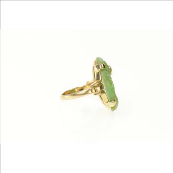 14K Ornate Carved Floral Jade Diamond Cocktail Yellow Gold Ring, Size 3